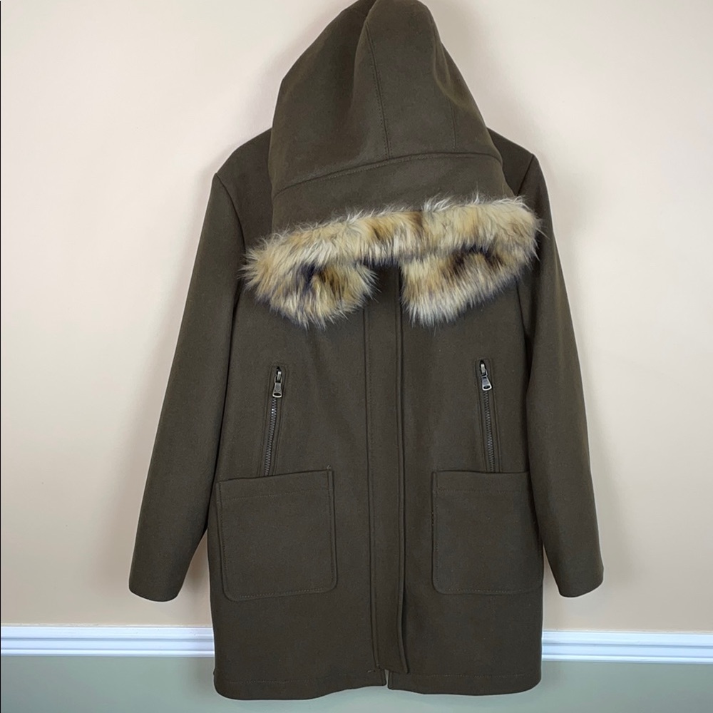 Vince Camuto Olive Green Hooded Ski Coat with Faux Fur Trim